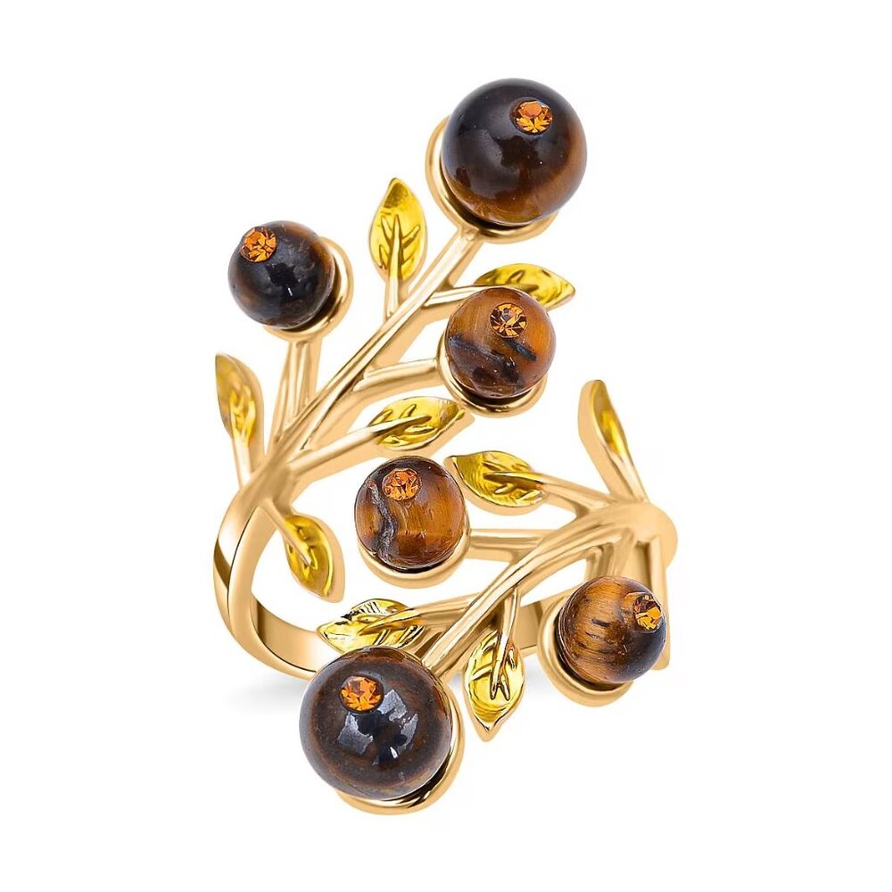 NEW Tiger's Eye and Champagne Austrian Crystal Leafy Vine Ring in Goldtone